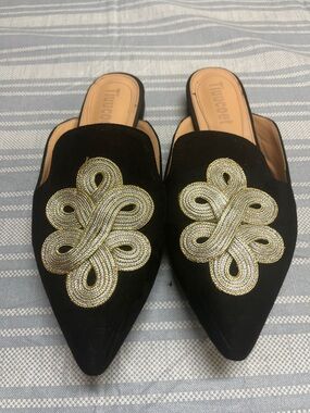 Black Slip-On Pointed Mules with Gold Embellishment